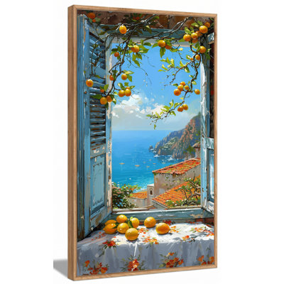  Art mural encadré de la côte d'Amalfi, impressions sur toile de citronnier, fausses fenêtres, photos de paysage méditerranéen, cadre en grain de bois massif, prêt à accrocher, décor de cuisine italienne côtière, 20 x 40 pouces