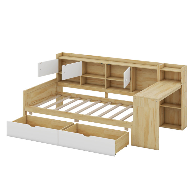 Twin Wooden L-Shape Daybed With Drawers, Desk And Bookshelf, Natural/White