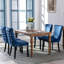 Chaises de salle à manger rembourrées en velours bleu, pieds en bois massif, garniture de surpiqûres, élégant et fauteuil, tissu de velours, décor moderne
