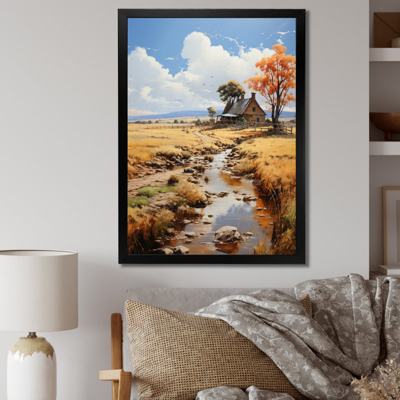 Ferme campagne contemplative - paysage et nature décoration murale, Cadre photo noir, H 44 po x l 34 po x P 1,5 po