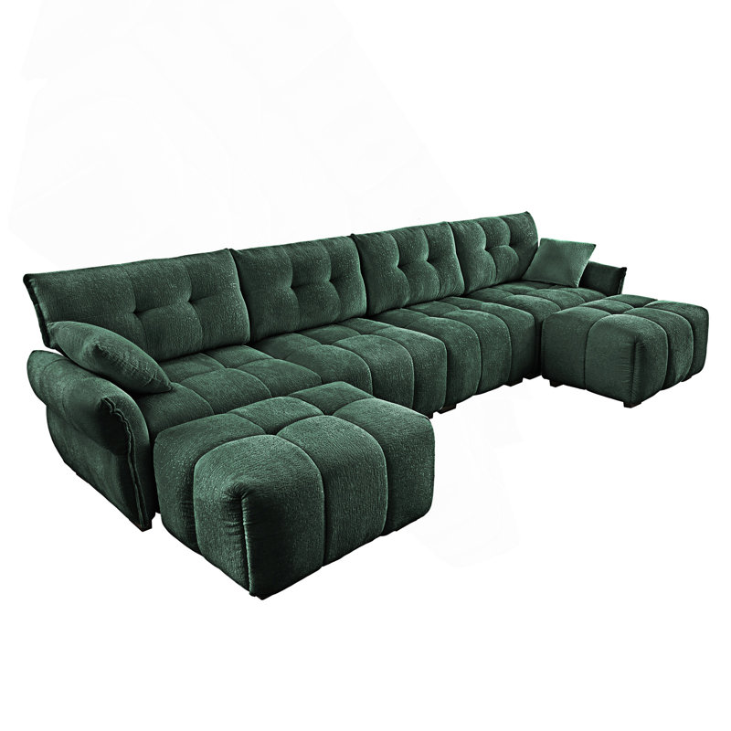 Canapé 4 places avec 2 repose-pieds, Chenille verte