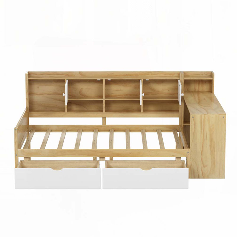 2 Drawers Daybed With Desk And Bookcase, Natural/White, Twin
