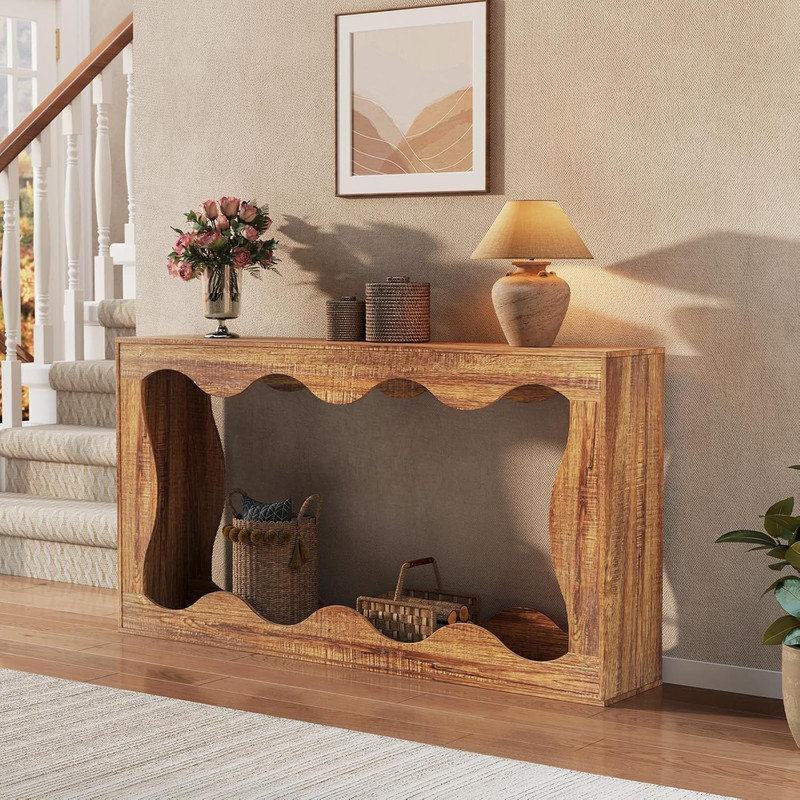 Table console 63 po avec rangement, canapé d'entrée étroit avec grain de bois, Brun