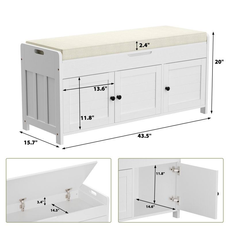 43.5" Entryway Bench with Hidden Shoe Storage and Cushion, White