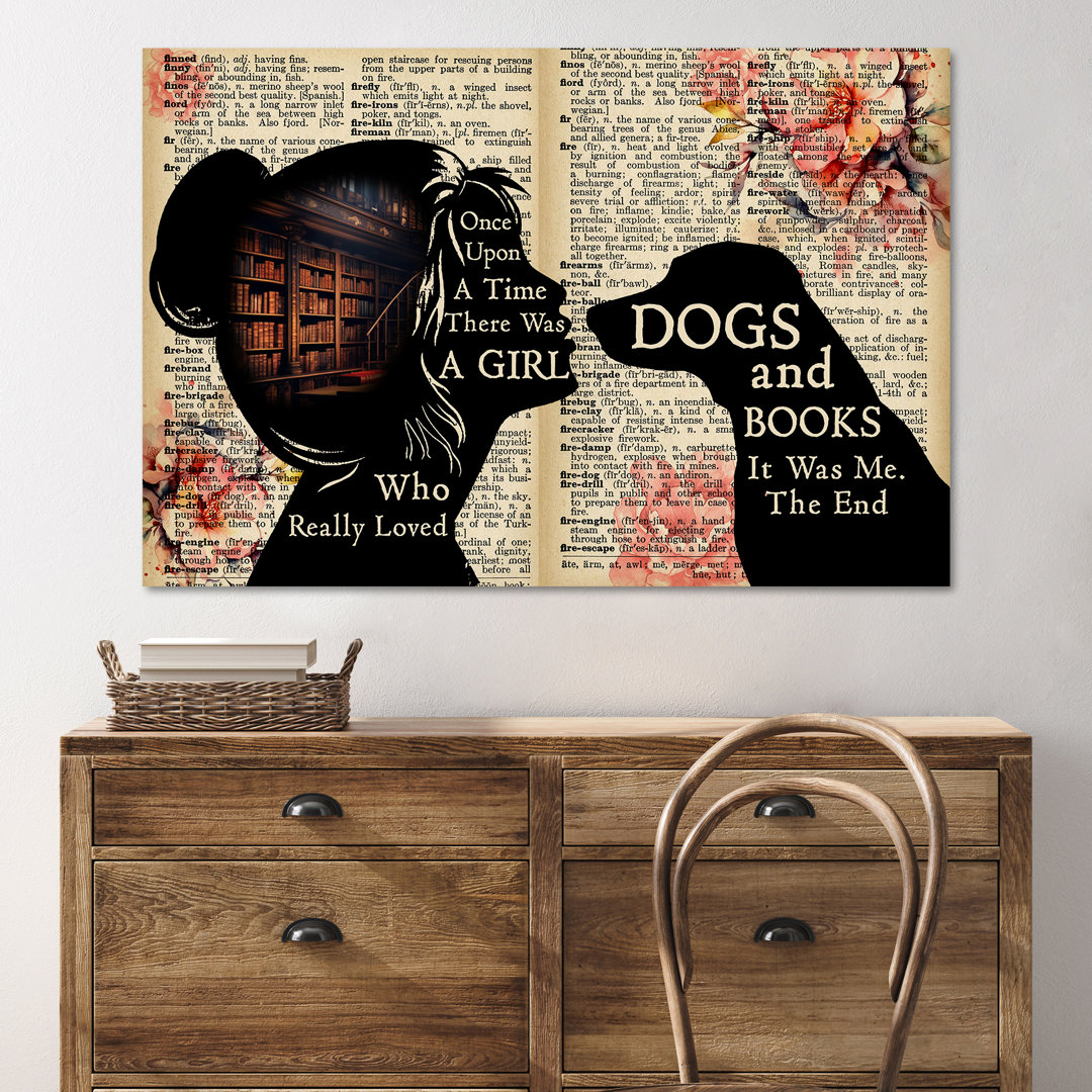 Long Hair Girl With Library Kissing A Dog - There Was A Girl Who Really Loved Dogs And Books - 1 Piece Rectangle Graphic Art Print On Wrapped Canvas Trinx 