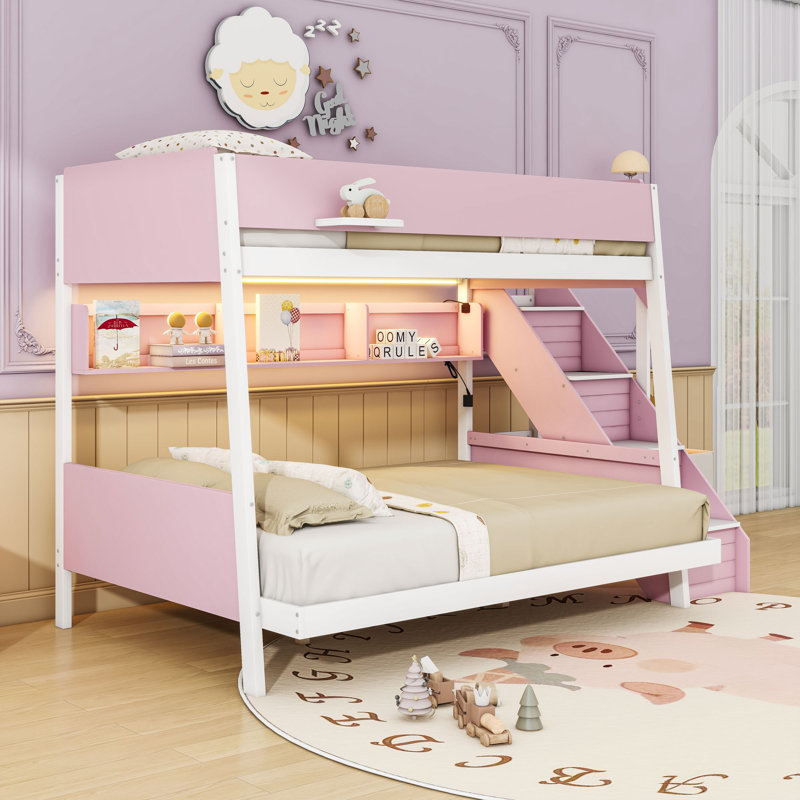 Lit superposé avec tablettes peu encombrantes et éclairage à DEL ambiant, Twin Over Full, Pink