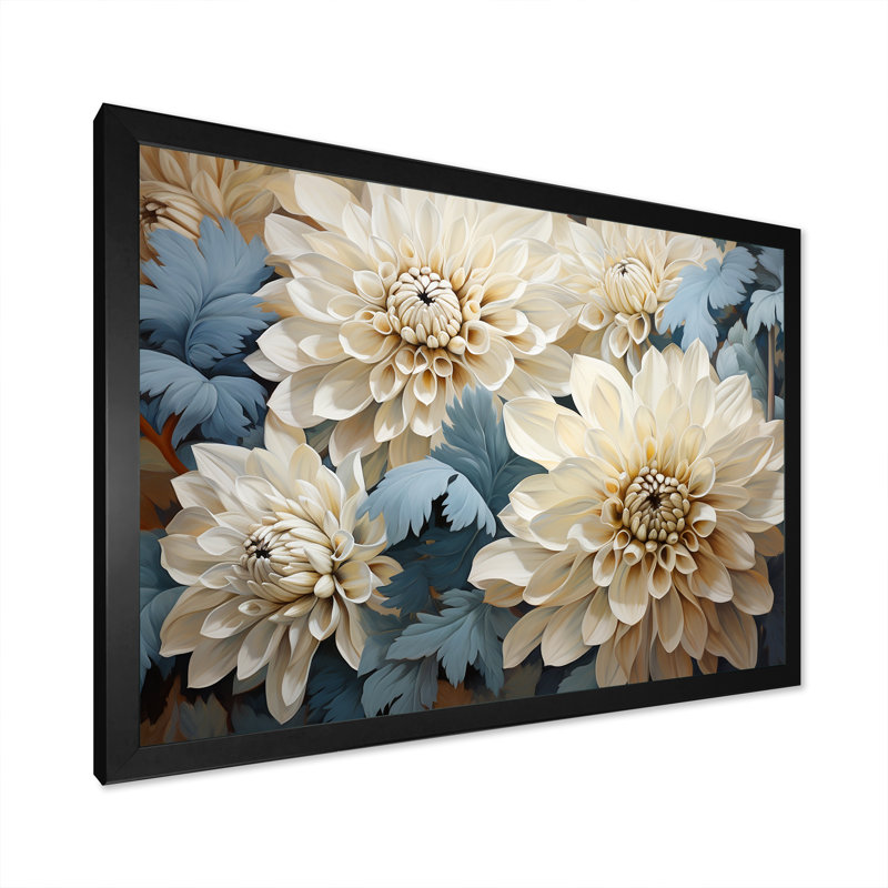 Chrysanthèmes blanc bleu mosaïque jardin II - décoration murale de chrysanthèmes, Cadre simple noir