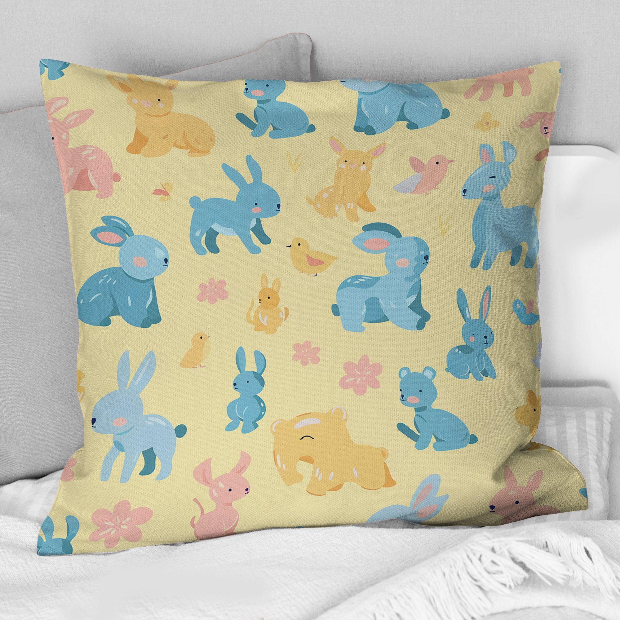 Design Art Blue Yellow Childrens Rabbit Pattern - Children Pillow | Wayfair