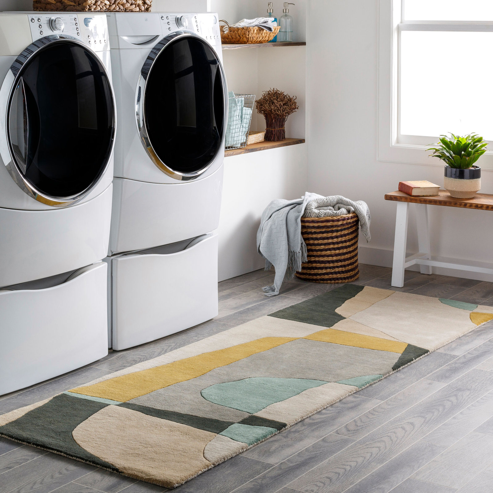 Gaye Gray Khaki Teal Hand-Tufted Geometric Rug, Runner 2'6" x 8'