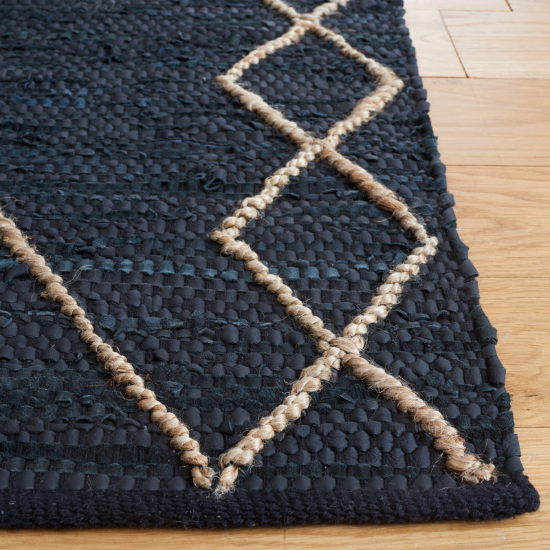 Anainah Vintage Leather Hand Woven Leather/Jute/Cotton Geometric Rug in Black/Natural, Square 6'