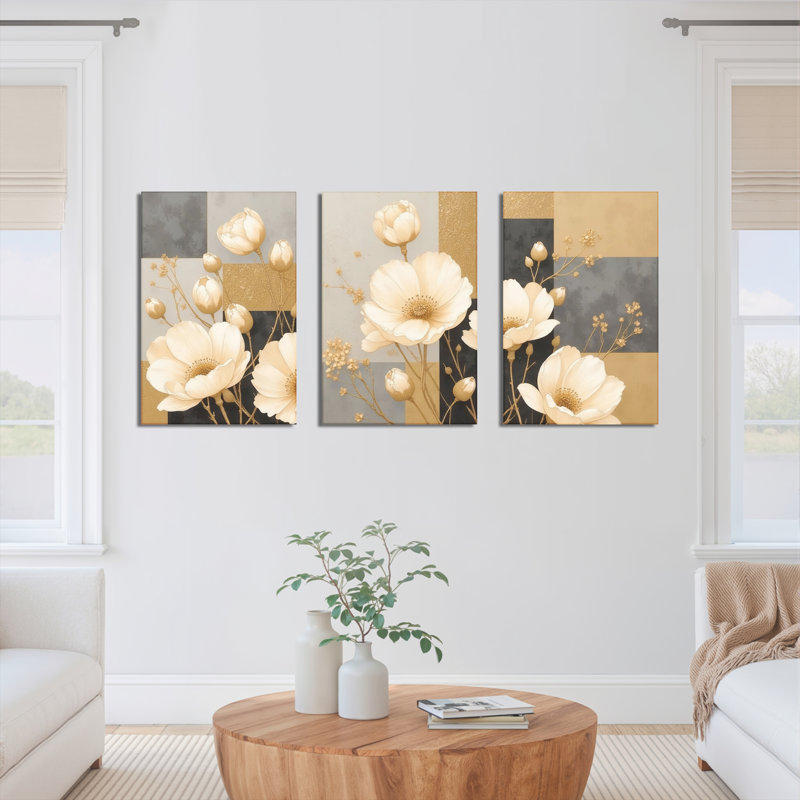 Elegant Floral Gold Accents Canvas Wrapped Wall Art, Modern Abstract Print (Set of 3), 18" H x 36" W