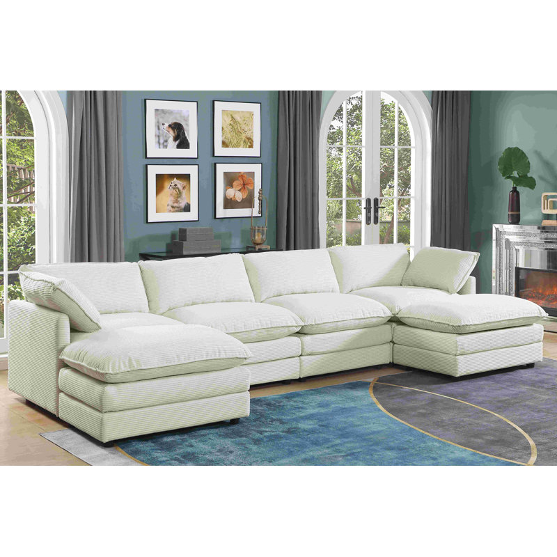 6 - Piece Corduroy Sectional Sofa With Removable Ottoman, Beige Corduroy