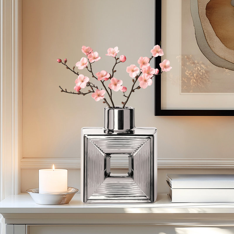 7.5" Fluted Opening Reflective Silver Ceramic Vase, Silver