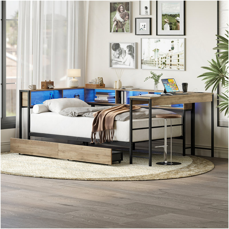 Corner Bed Frame Twin Size With Bookcase And 2 Underbed Storage Drawers, Modern Twin Bed With LED Light And Charging Station, Modern Daybed Reversible Left Or Right, Grey