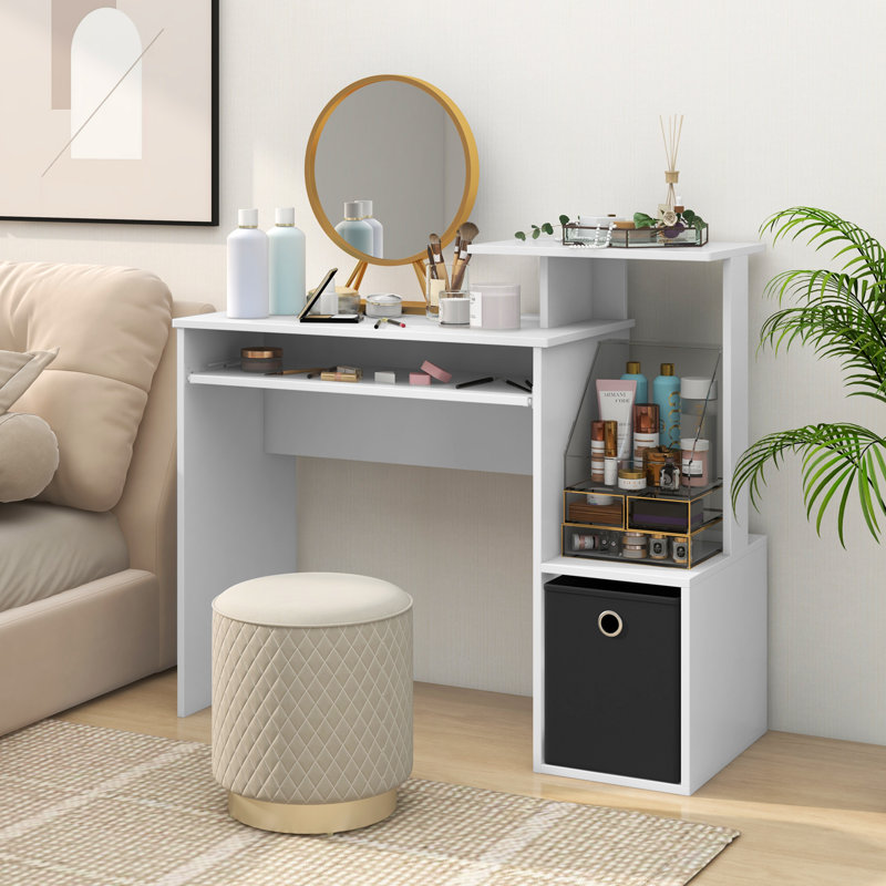 Space-Saving Computer Desk With Open Shelf And Fabric Storage Drawer, White