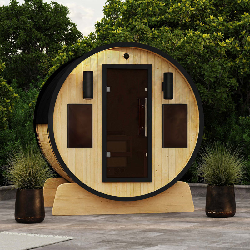 Aleko Outdoor White Finland Pine Traditional Barrel Sauna w/ Black Accents - 3-4 Person Capacity