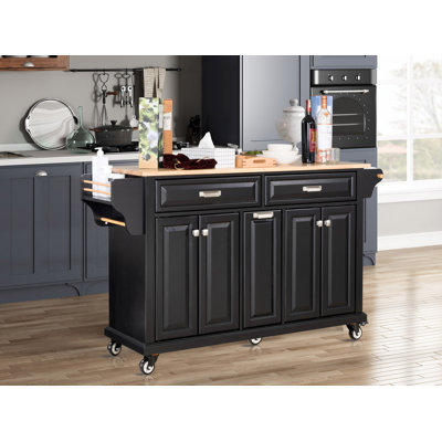 Kitchen Island With Rubber Wood Countertop, Kitchen Cart On 5 Wheels With Storage Cabinet And 2 Top Drawers And A Centre Double Layered Storage Drawer For Dinning Room, Black