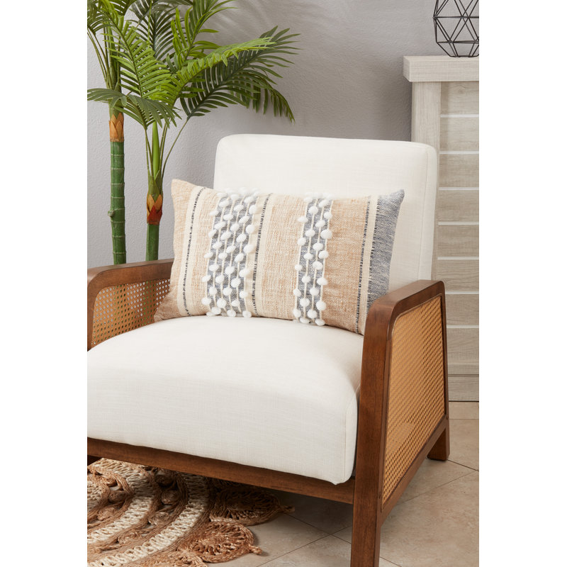 Beige and Blue Textured Woven Striped Cotton Throw Pillow Cover