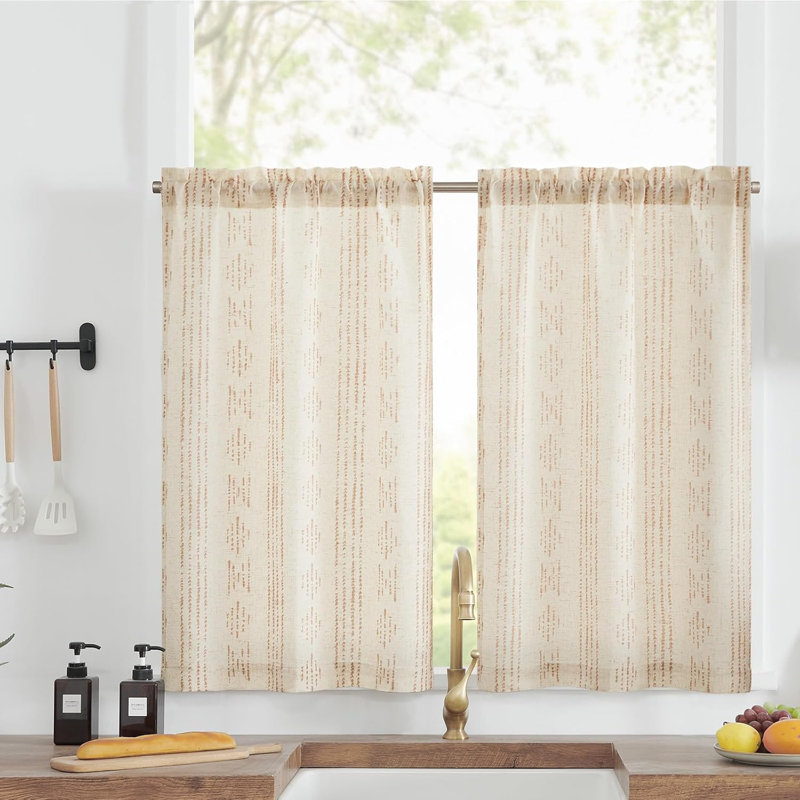 Boho Cafe Curtains Linen Small Window Curtains, 26" W x 36" L, Beige/Taupe