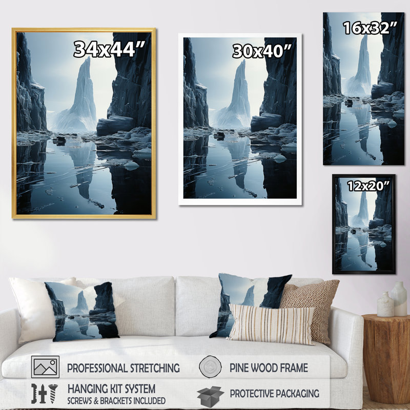 «Ieshea Teal Grey Iceberg Monochromatique Serenade», reproduction d'art sur toile, Cadre photo noir