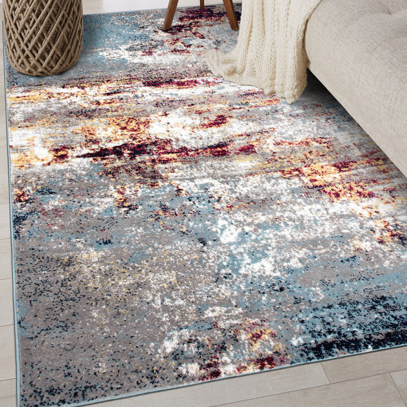 Tapis gris / bleu / jaune à motif abstrait Willington, Rectangle 3 pi 3 po x 5 pi