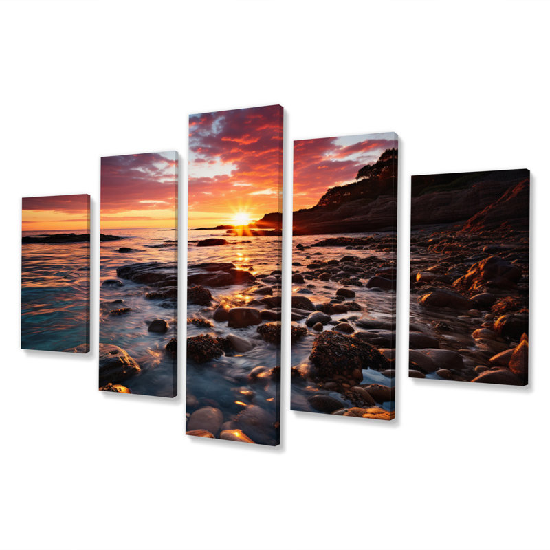 Rocky Beach Coastal Birds - Salon d'art mural nautique et de plage - 5 panneaux