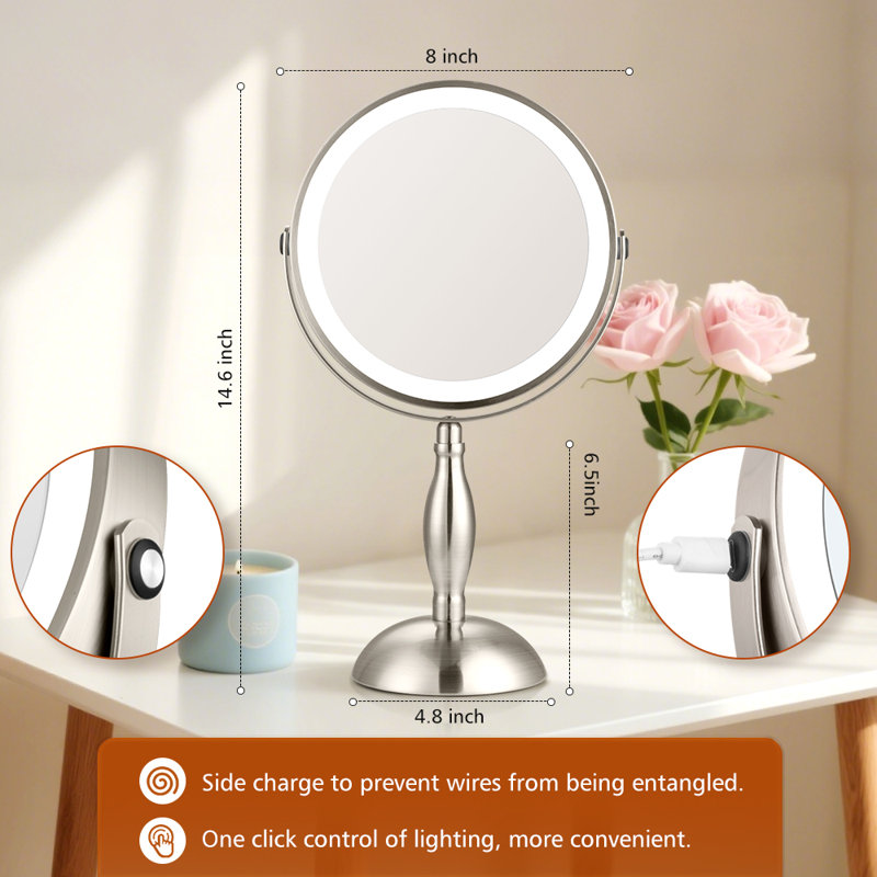 Metal Round Led Makeup Mirror, Rechargeable 1x/30x Magnifying Mirror With 3 Color Dimmable Lights, Brushed Nickel