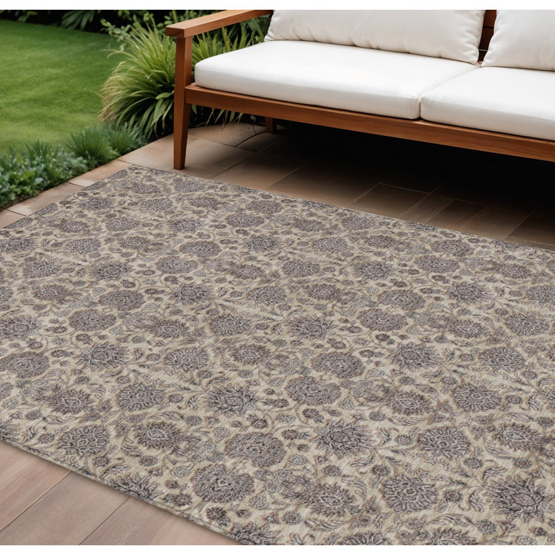 Tapis intérieur lavable floral taupe et beige ivoire 9 pi x 12 pi