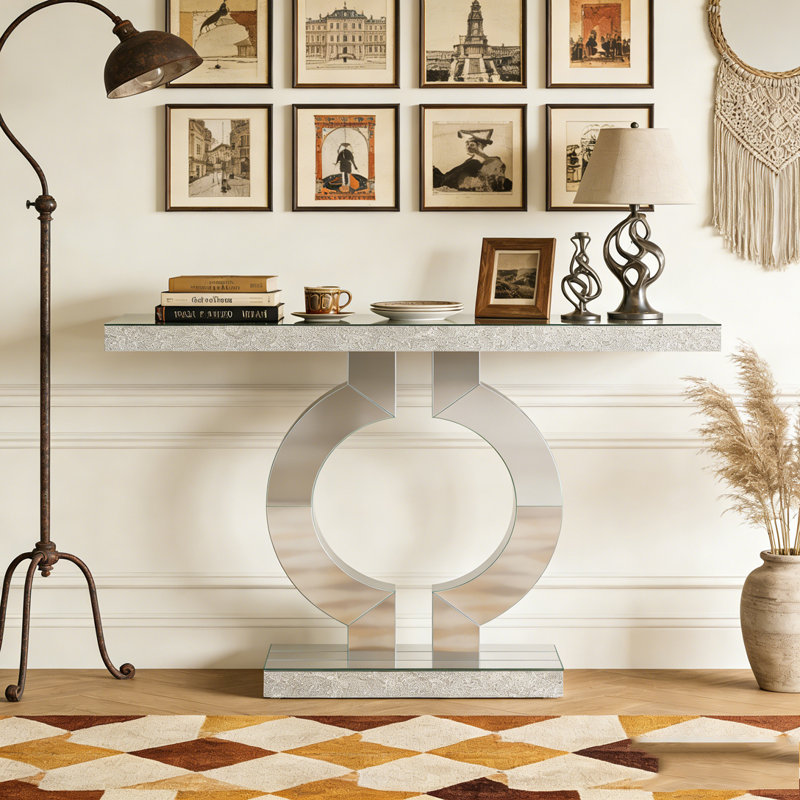 Mirrored Console Table Modern Sofa Table with O-Shaped Base, Silver