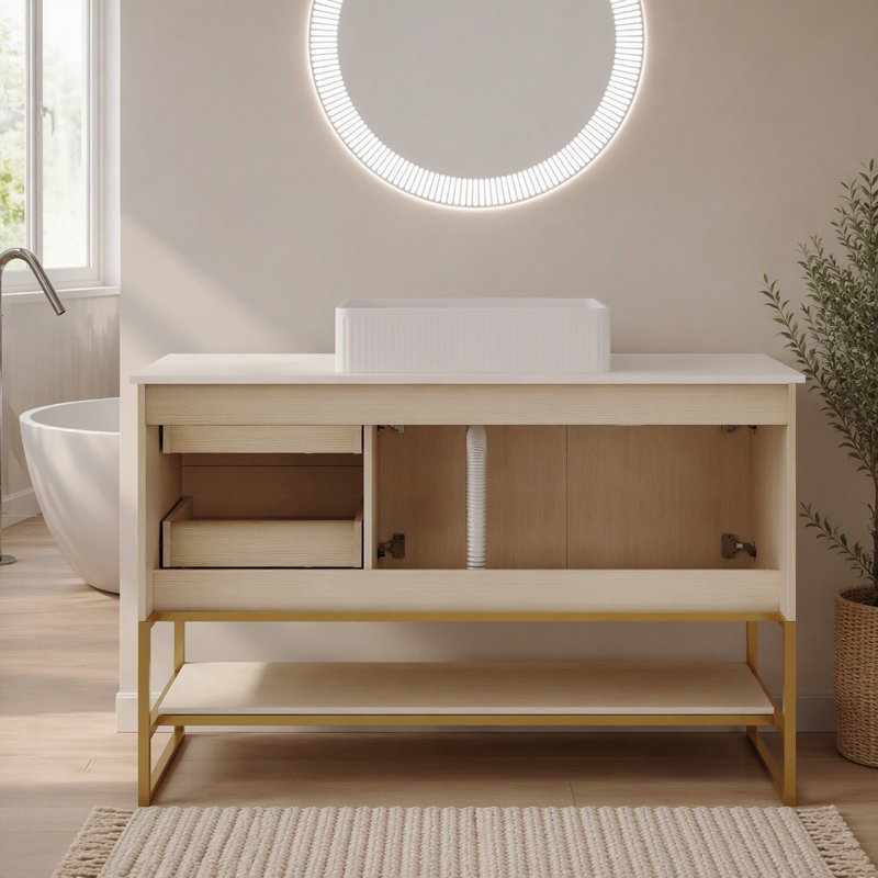Meuble-lavabo moderne de 36 po avec lavabo vasque en céramique, meuble autoportant d'appoint doré, Noyer