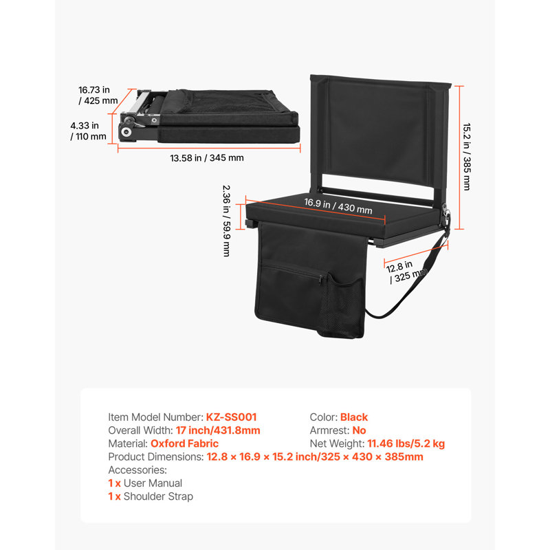Stadium Seat, Folding Bleacher Seat with Back Support and Thick Cushion, Padded Stadium Seats for Bleacher Includes Shoulder Strap, Hooks, Cup Holder, and Side Pocket, Black Bleachers Chair