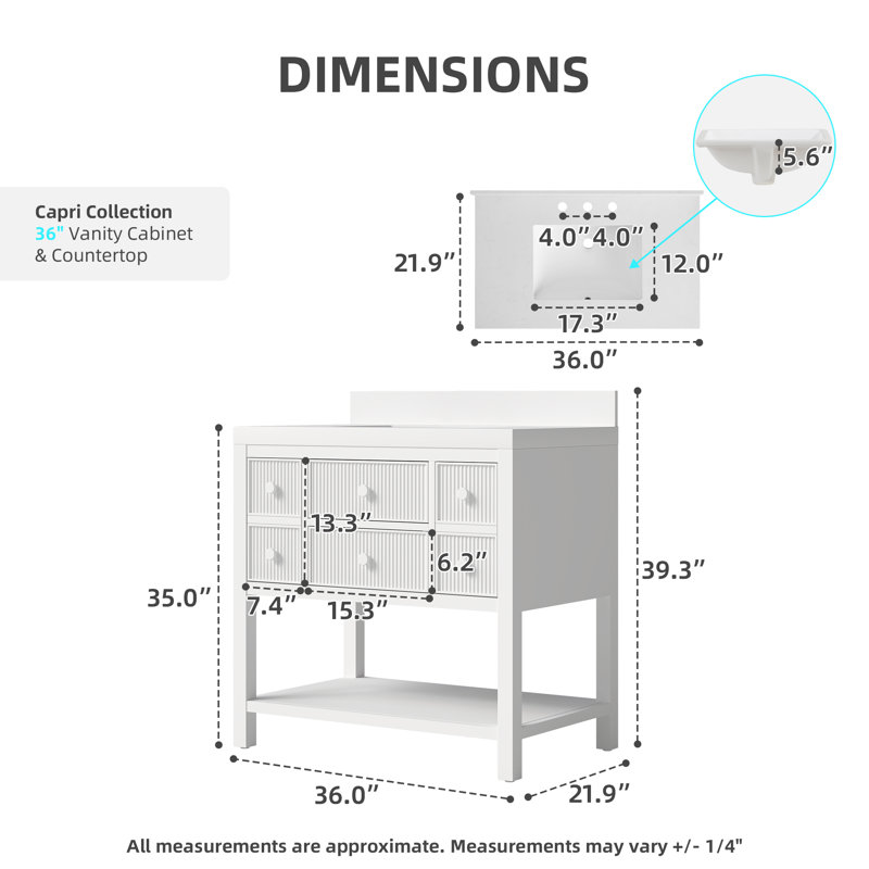 36" Solid Wood Bathroom Vanity With Backsplash, Quartz Top Soft Close Drawers, Elegant White