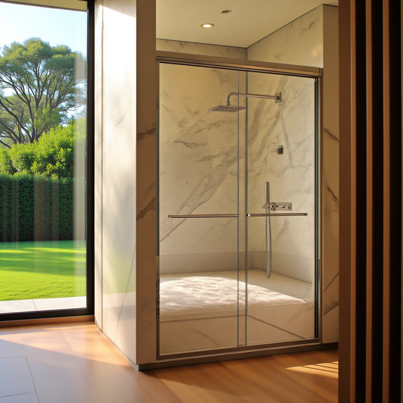 Porte de douche coulissante double semi-sans cadre H 44 po à l 72 po x H 72 po, porte de douche à dérivation, porte en verre trempé Sgcc de 1/4 po (6 mm) d'épaisseur, chrome