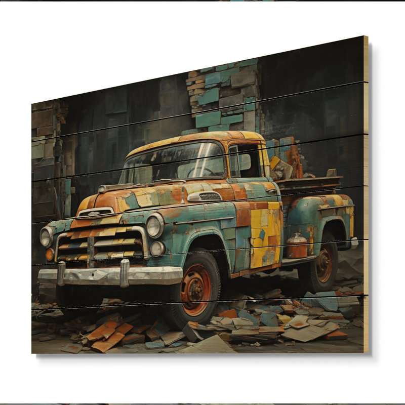 Camionnette Collage Popart sur impression sur bois, H 30 po x l 40 po x P 0,78 po