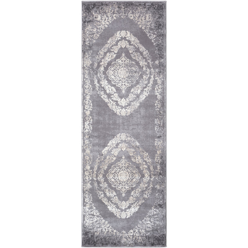 Tapis oriental gris tissé au métier mécanique Korando, Tapis de couloir 2 pi 7 po x 12 pi
