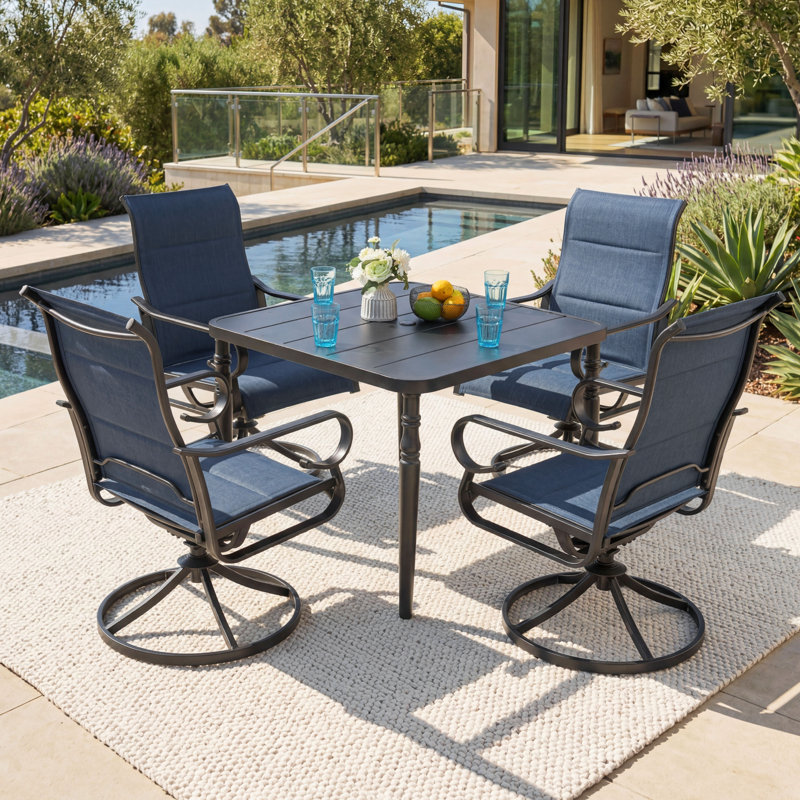 Burlington 5-piece Padded Textilene Patio Dining Set With Umbrella Hole, Swivel Design, 5 Pieces: Table, 4 Chairs, Blue