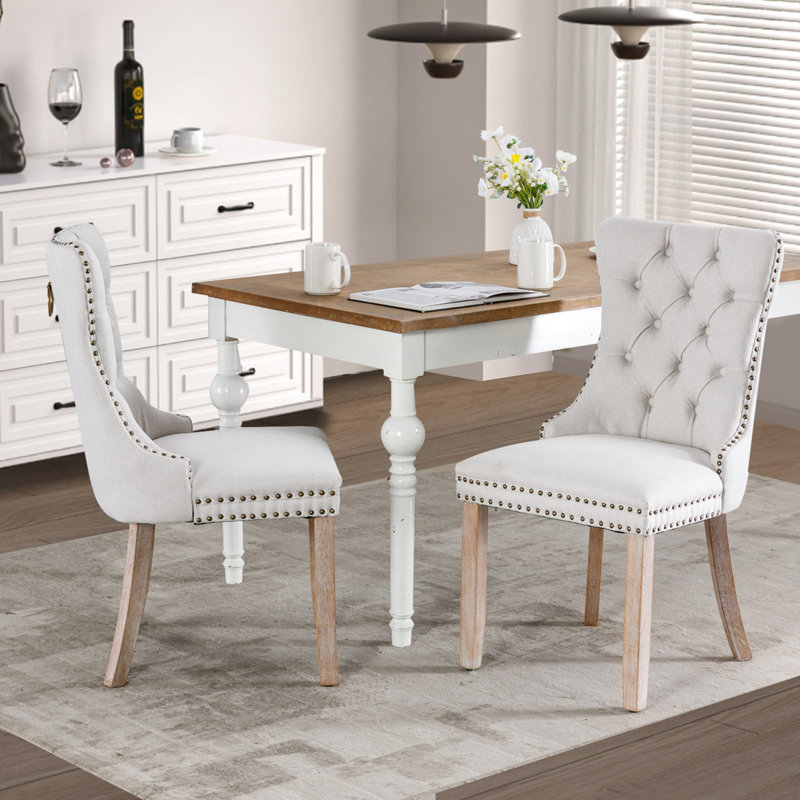 Chaises de salle à manger, chaise de salle à manger rembourrée haut de gamme avec anneau clouté, Velours beige, Bois naturel