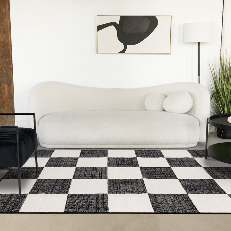 Wum Collection Black/White Checkerboard Area Rug, Rectangle 6'7" x 9'10", Black/White