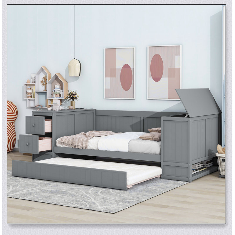 Daybed With Storage Arms, Trundle And Charging Station, Gray