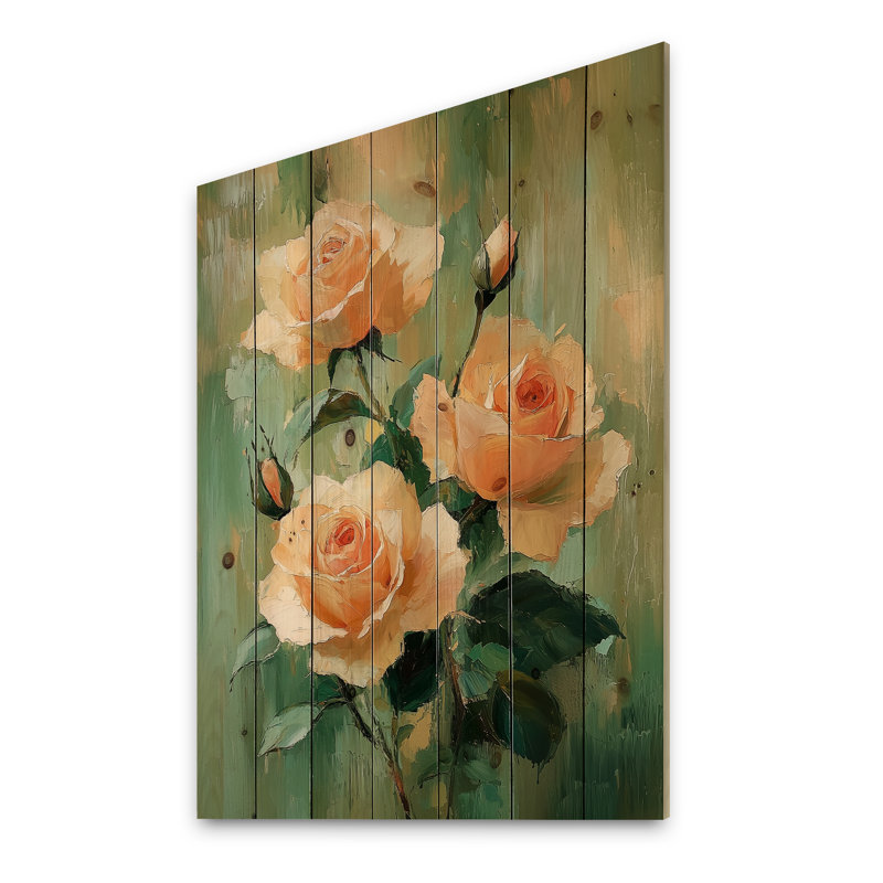 Pink Green Garden Roses Serenity II - Roses Wood Wall Decor - On Natural Pine Wood, 20" H x 10" W x 0.78" D
