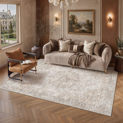 Isolde Vintage Medallion Area Rug with Distressed Floral Design and Non-Slip Backing