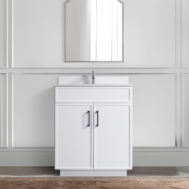 Capot - 3 W 30,00 po X P 22,00 po P 35,00 po Meuble-lavabo autoportant H en bois blanc avec plateau blanc