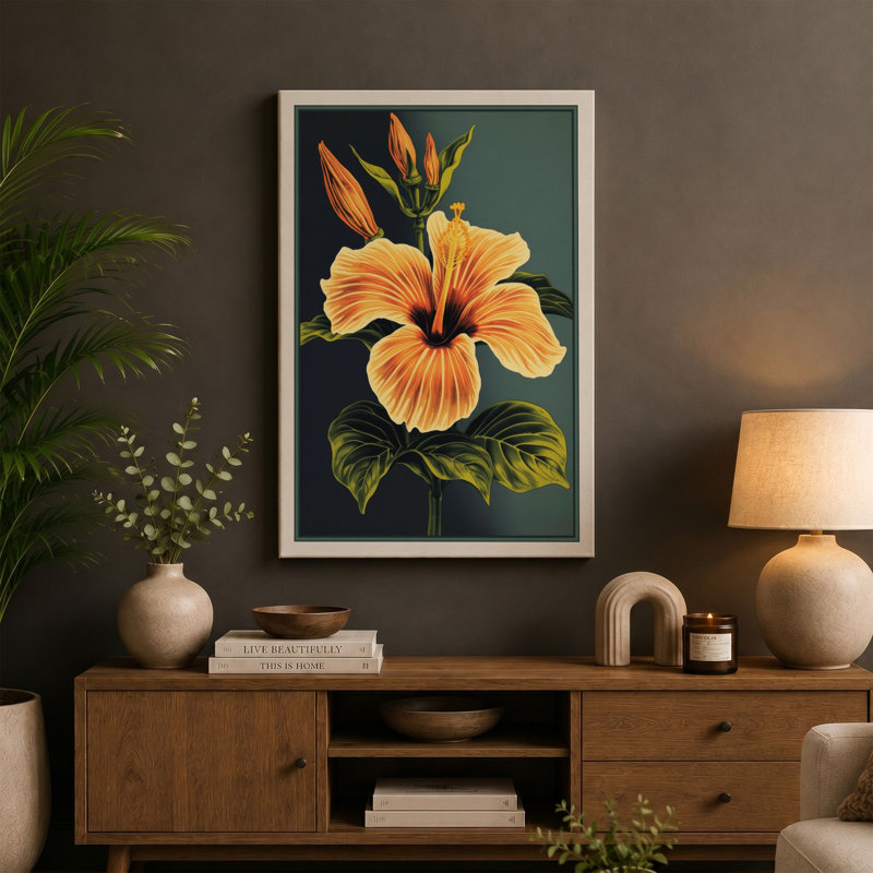 Golden Hibiscus Botanical - Wrapped Canvas, 24x16 - 61.0 x 40.6 cm, Ochre Border
