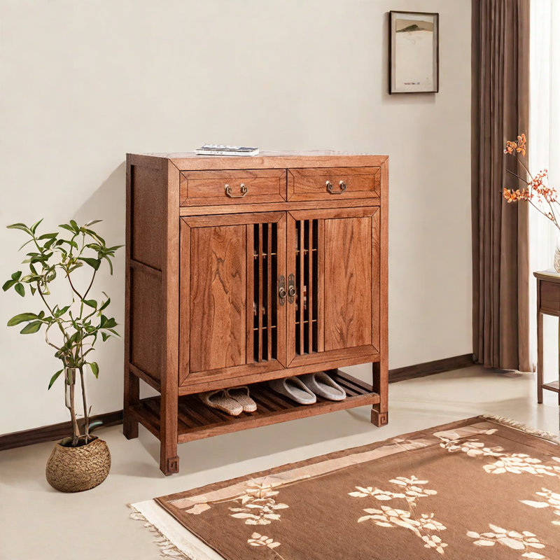Chinese style entrance old elm wood shoe cabinet