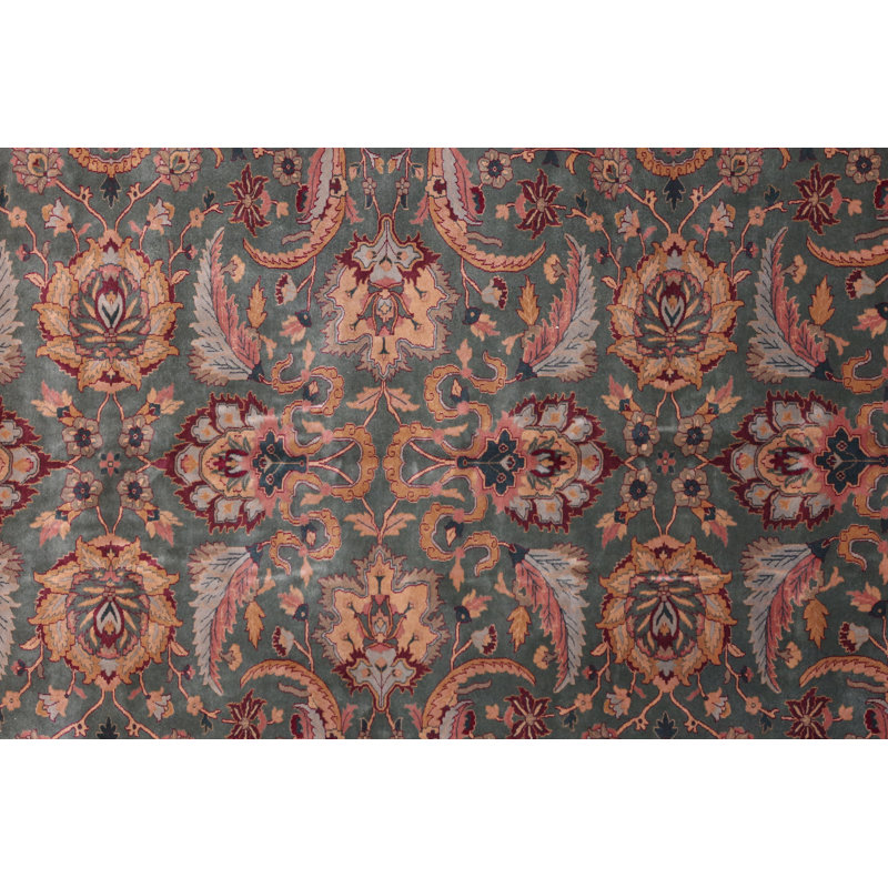 Oriental Hand-Knotted Wool Green/Burgundy/Orange Area Rug, Rectangle 9'2" x 11'10"