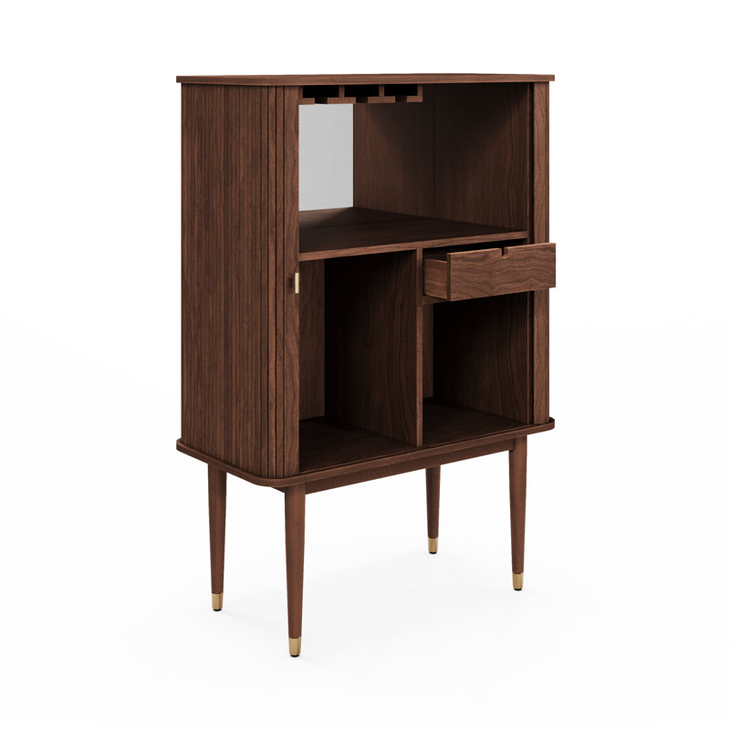 Corrigan Studio Walnut Wood Mid Century Mandea Bar Cabinet Stylish Modern Storage with Shelves and Glassware Doors