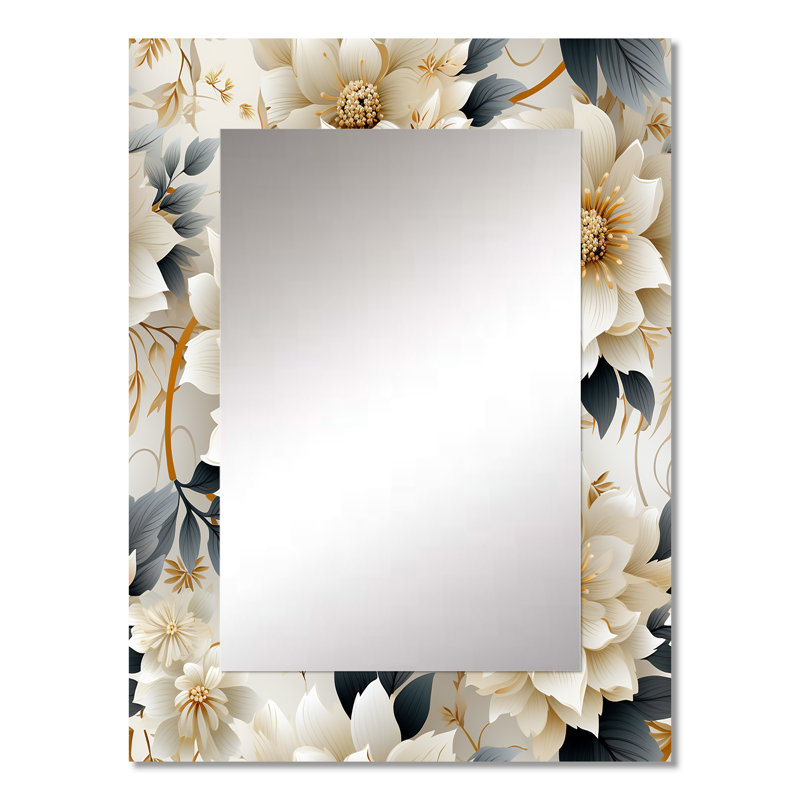White And Gold Chrysanthemum Mandalas - Floral Unique Mirror, Floral Large Wall Mirror, Printed Metal Art, 32" x 24"