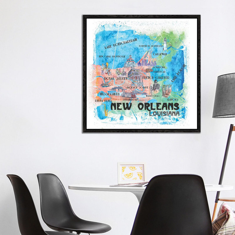 New Orleans Louisiana USA Illustrated Map by Markus & Martina Bleichner - Painting on Canvas, Black Floater Framed