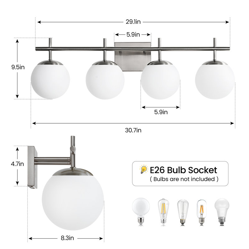 30.7" 4-Light Dimmable Bathroom Vanity Light with Frosted Glass Shades, Nickel