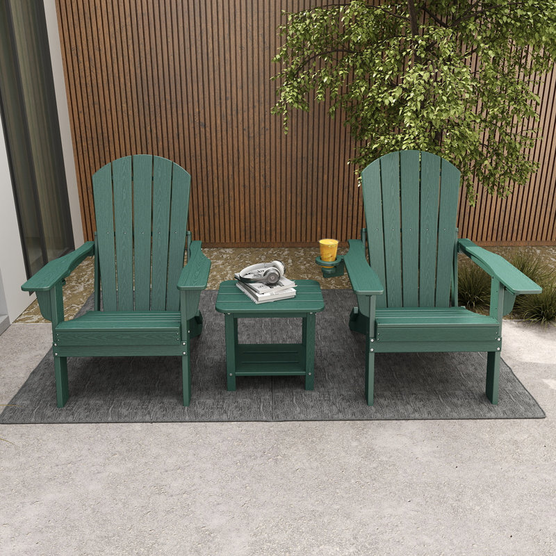 3-Piece Outdoor HDPE Adirondack Seating Set – 2 Foldable Patio Chairs With Cup Holders & 2-Tier End Table, All-Weather Poly Lumber Furniture For Porch, Backyard, Deck & Pool Area